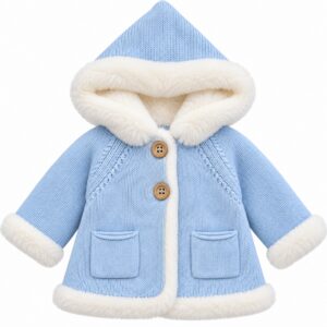 Abrigo de Punto para Niño Azul Celeste con Capucha y Pelo Suave Blanco 4 Abrigo de Punto para Niño Azul Celeste con Capucha y Pelo Suave Blanco 7