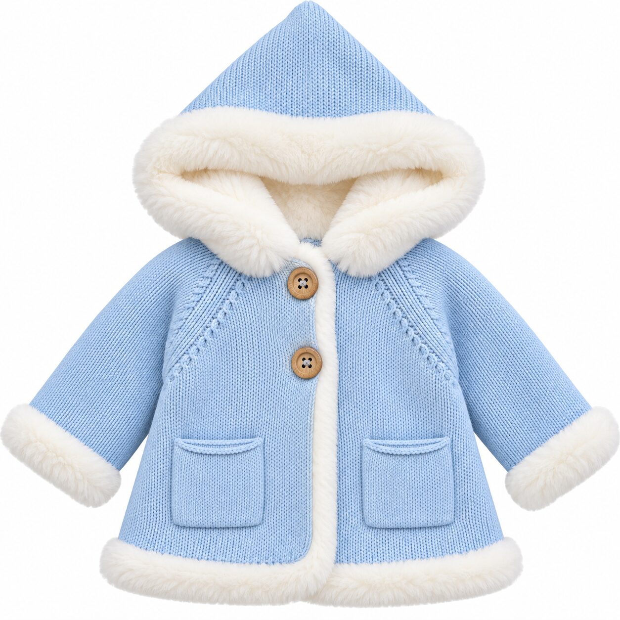Abrigo de punto azul bebé con capucha de pelo Abrigo de Punto para Niño Azul Celeste con Capucha y Pelo Suave Blanco 5