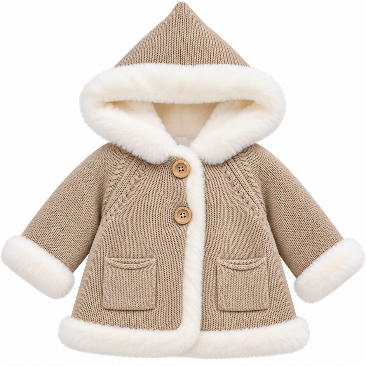 Abrigo de punto beige con capucha y pelo sintético Abrigo de Punto para Niño Color Camel con Capucha y Pelo Suave Crudo 5