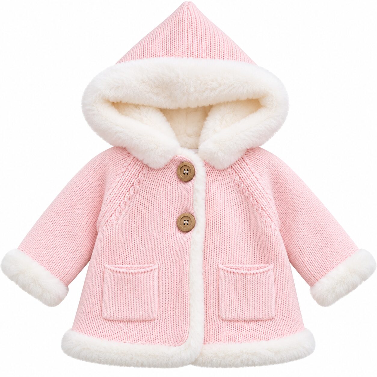 Abrigo de punto rosa con capucha y pelo blanco Abrigo de Punto para Niña Rosa Bebé con Capucha y Pelo Suave Blanco 5
