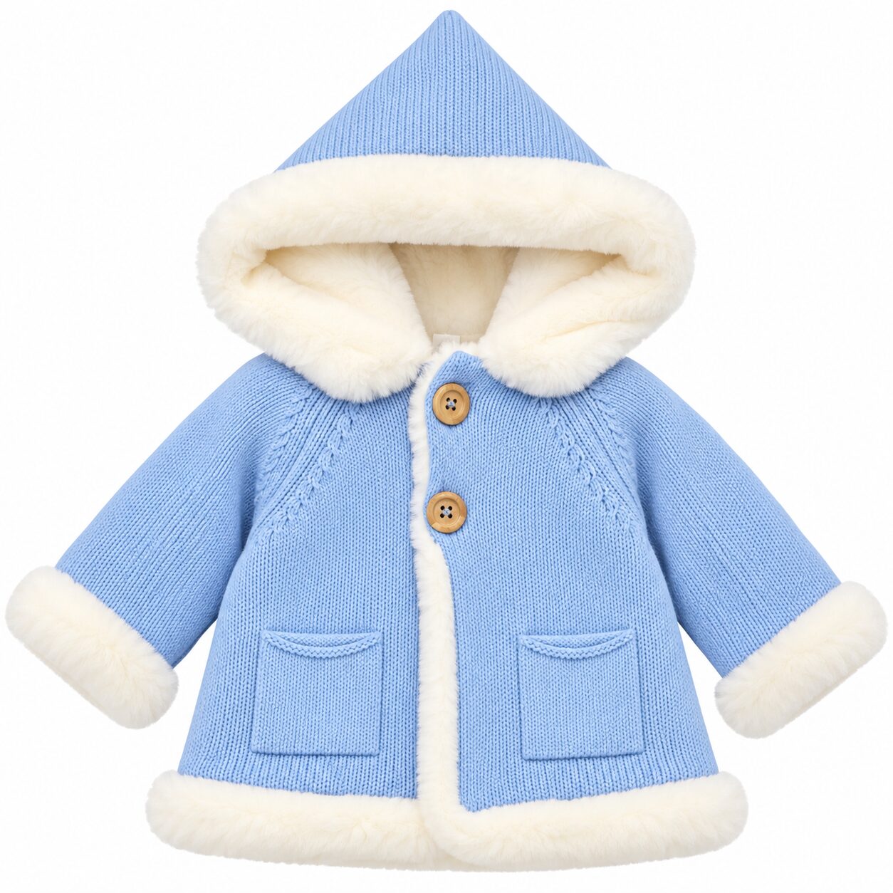 Abrigo infantil azul con capucha de peluche Abrigo de Punto para Bebé Niño Azul Francia con Capucha y Pelo Suave Crudo 4