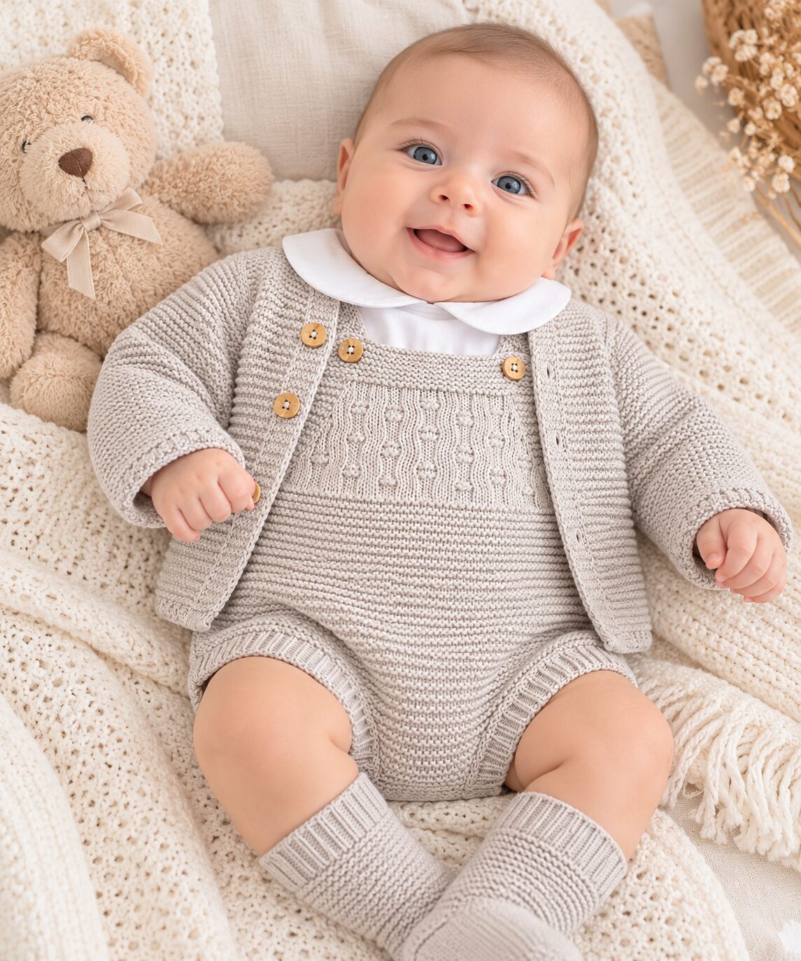 Bebé feliz entre tejidos cálidos Conjunto de Punto para Bebé con Ranita, Chaqueta y Camisa Blanco en Beige 3