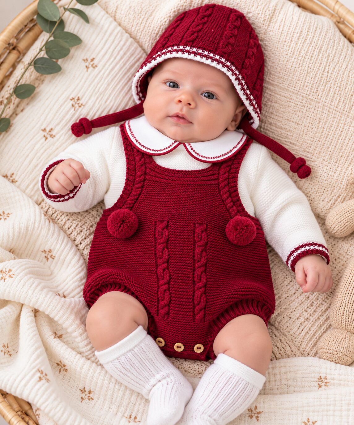 Bebé recién nacido con conjunto tejido burdeos y blanco Conjunto de Punto para Bebé Burdeos con Peto, Jersey y Capota 3