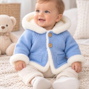 Abrigo de Punto para Bebé Niño Azul Francia con Capucha y Pelo Suave Crudo