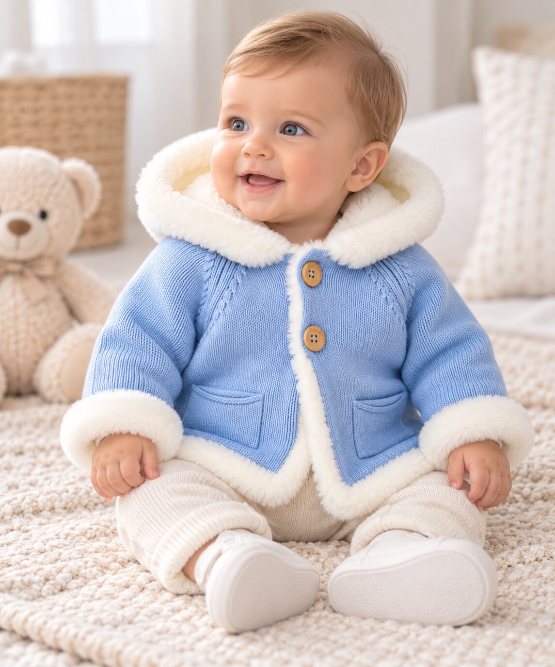 Bebé sonriente con chaqueta azul de lana Abrigo de Punto para Bebé Niño Azul Francia con Capucha y Pelo Suave Crudo 2