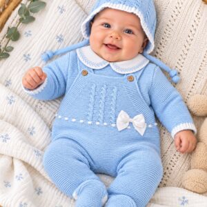 Pelele de Punto para Bebé Azul Celeste con Capota y Lazo Blanco