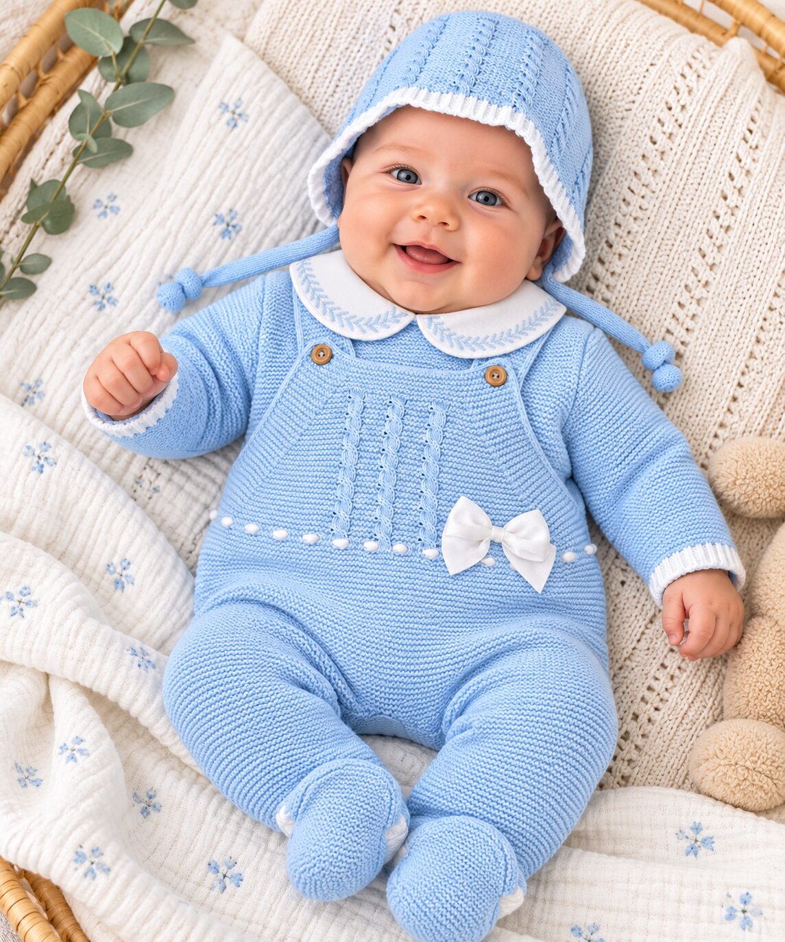 Bebé sonriente con conjunto azul tejido (1) Pelele de Punto para Bebé Azul Celeste con Capota y Lazo Blanco 2