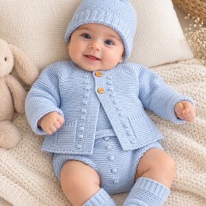 Conjunto de Punto para Bebé Celeste con Chaqueta, Ranita y Gorro con Pompón