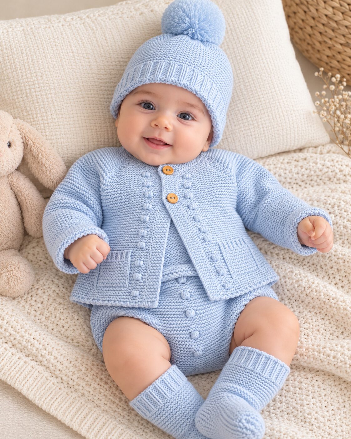 Bebé sonriente con conjunto azul tejido Conjunto de Punto para Bebé Celeste con Chaqueta, Ranita y Gorro con Pompón 3
