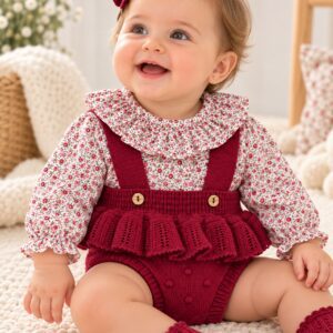Conjunto de Niña con Ranita de Punto Granate y Blusa Floral con Cuello Volante