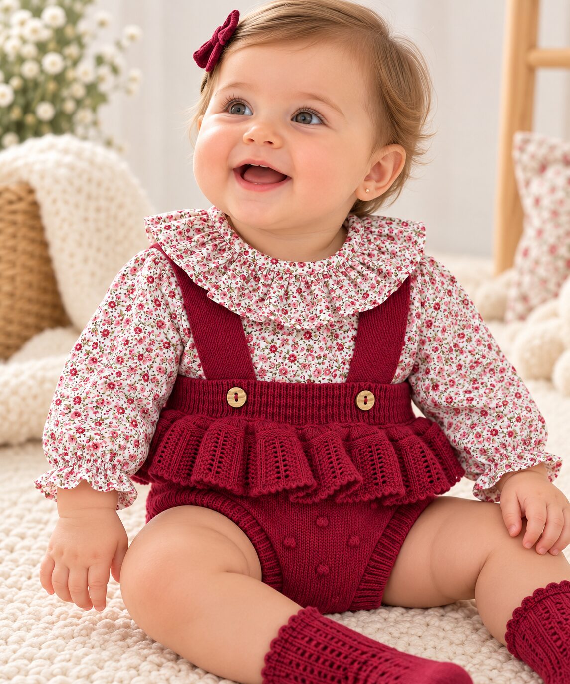 Bebé sonriente con conjunto burdeos Conjunto de Niña con Ranita de Punto Granate y Blusa Floral con Cuello Volante 2