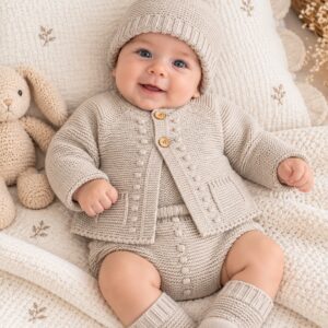 Conjunto de Punto para Bebé en Beige con Chaqueta, Ranita y Gorro con Pompón