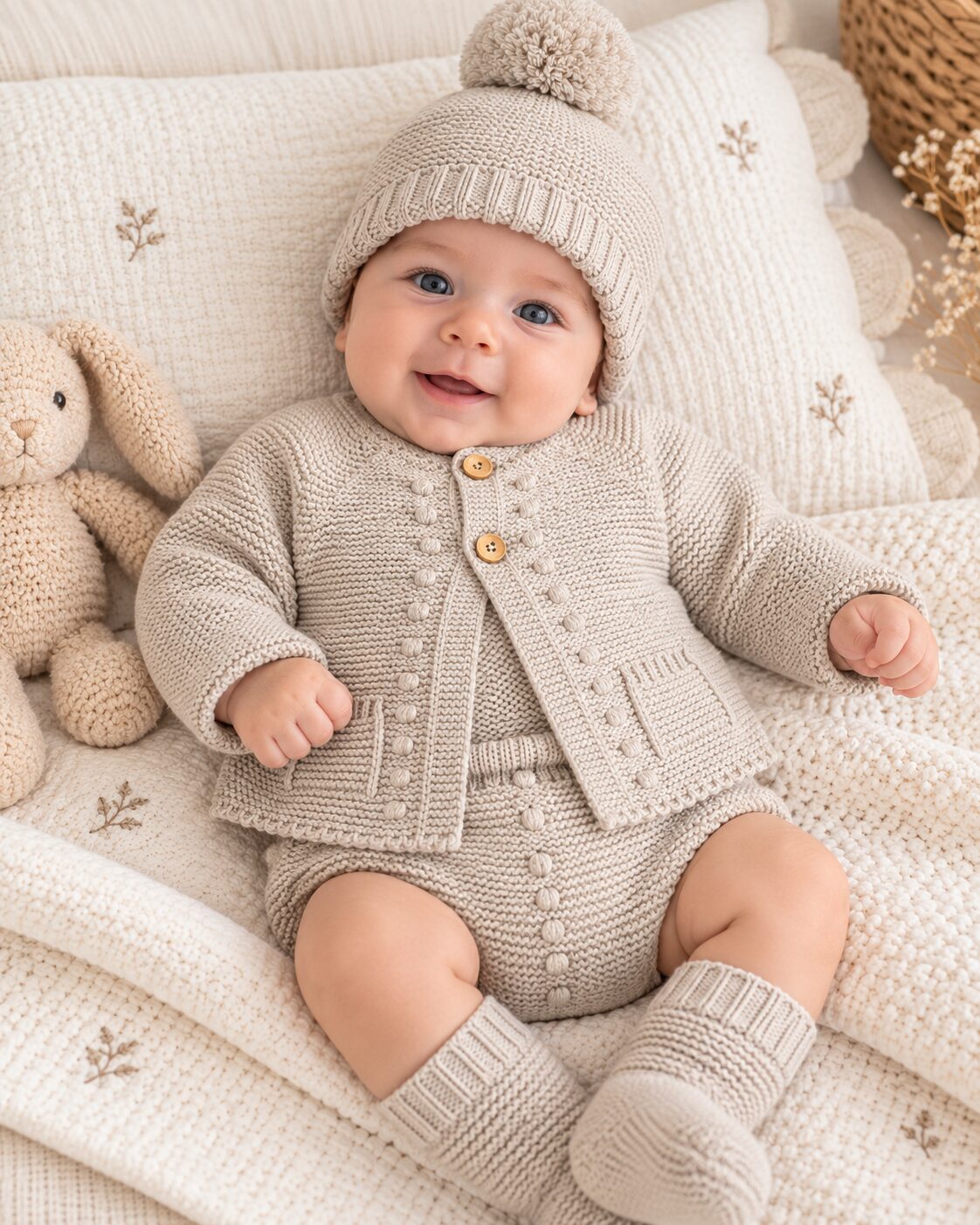 Bebé sonriente con conjunto de punto beige Conjunto de Punto para Bebé en Beige con Chaqueta, Ranita y Gorro con Pompón 3