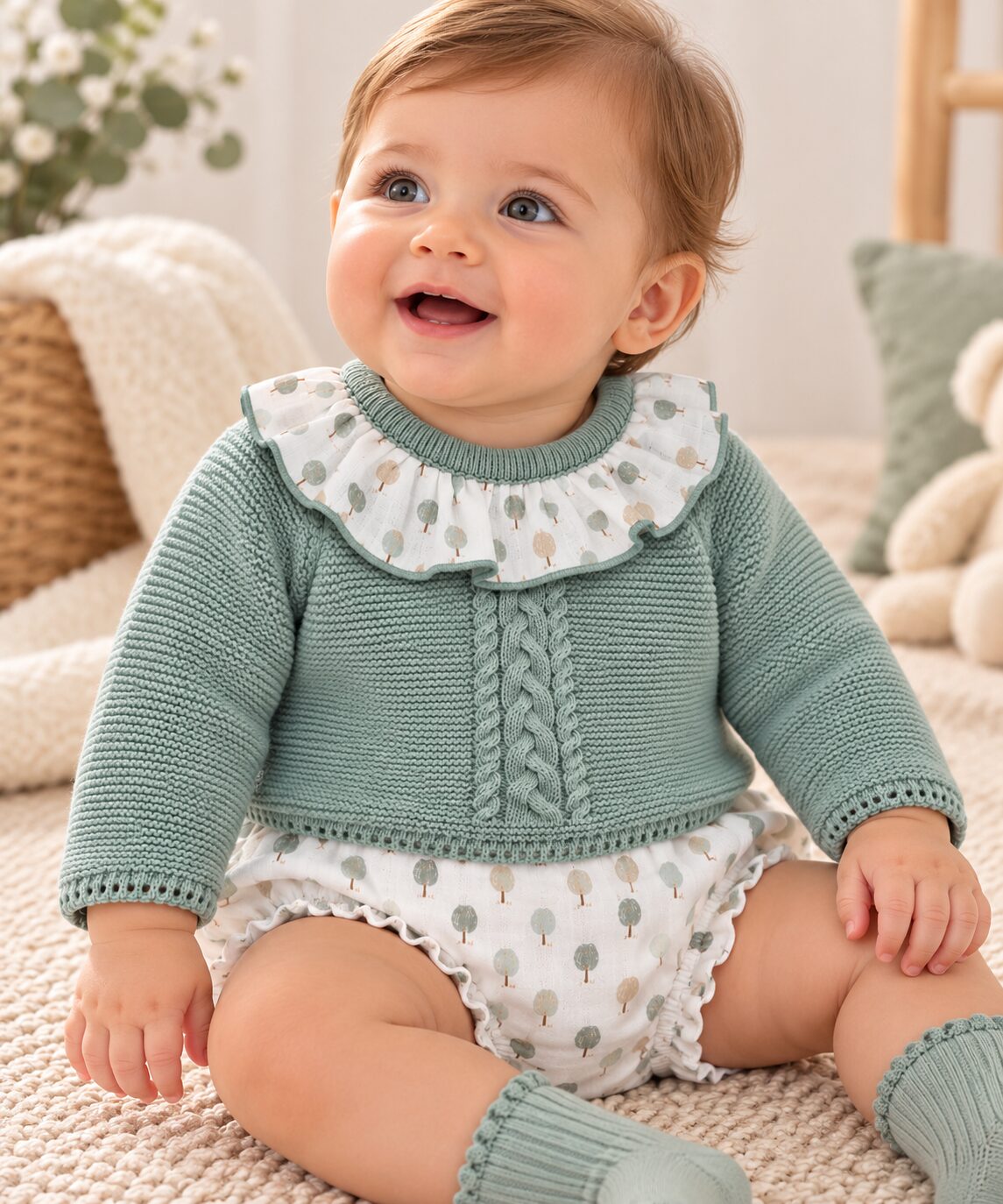 Bebé sonriente con conjunto de punto sage Conjunto de Niño de Punto Verde Salvia con Cuello Volante y Ranita Estampada 3