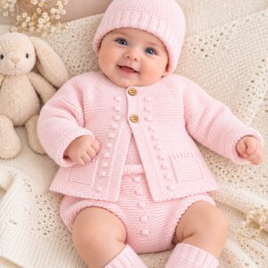 Conjunto de Punto para Bebé Rosa con Chaqueta, Ranita y Gorro con Pompón
