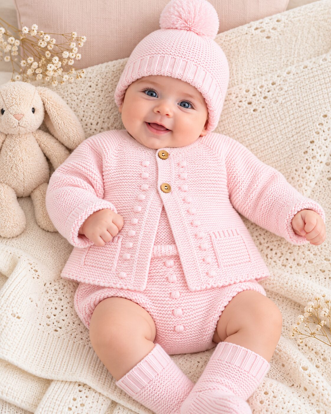 Bebé sonriente con conjunto rosa tejido (1) Conjunto de Punto para Bebé Rosa con Chaqueta, Ranita y Gorro con Pompón 3