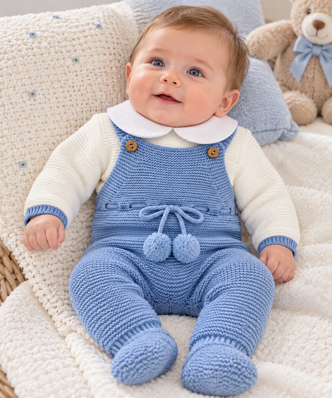 Bebé sonriente con conjunto tejido azul pastel Conjunto de Niño con Peto de Punto Azul Empolvado y Jersey Crudo de Cuello Bebé 3