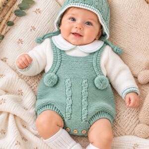 Conjunto de Punto para Bebé Verde Agua con Peto, Jersey y Capota