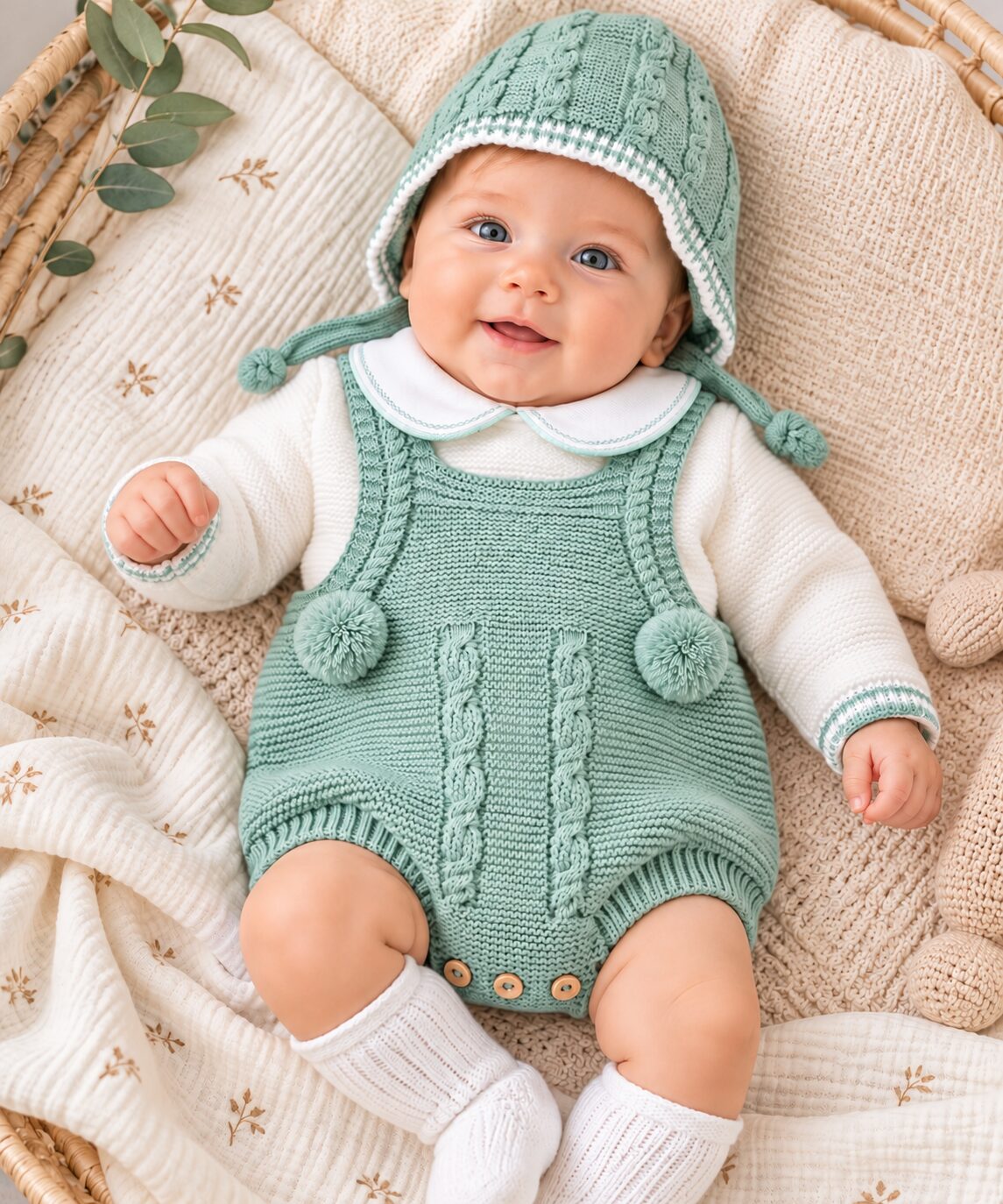 Bebé sonriente en verde menta tejido Conjunto de Punto para Bebé Verde Agua con Peto, Jersey y Capota 3