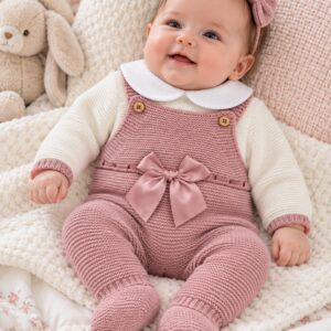 Conjunto de Niña con Peto Largo de Punto Rosa Empolvado y Jersey Crudo con Cuello Bebé