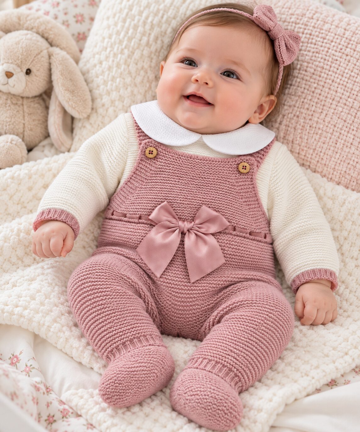 Bebé sonriente entre suaves tejidos rosas y crema Conjunto de Niña con Peto Largo de Punto Rosa Empolvado y Jersey Crudo con Cuello Bebé 3