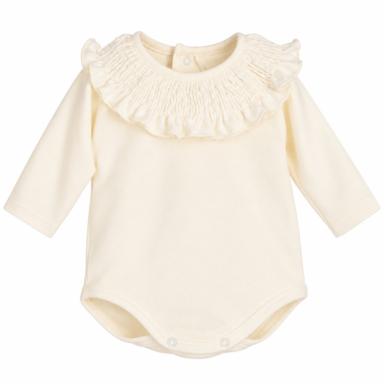 Body de bebé marfil con cuello fruncido Body bebé Calamaro Baby Titán Gom color crudo con cuello de volante 2