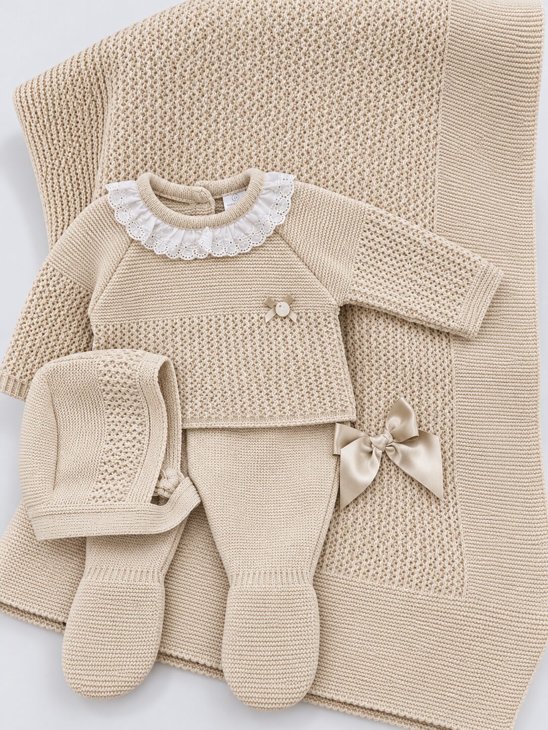 Canastilla tejida de bebé en tonos crema Pack Primera Puesta: Conjunto de Nacimiento Beige con Traje de Punto de 3 Piezas y Toquilla a Juego 3