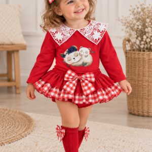 Conjunto Niña Rojo con Cuello de Encaje, Pandas y Volantes de Vichy - 3 años