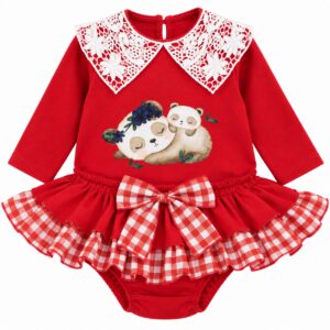 Conjunto Niña Rojo con Cuello de Encaje, Pandas y Volantes de Vichy 7