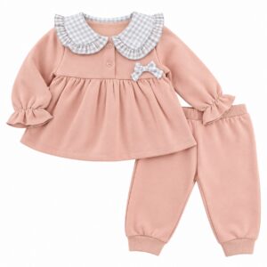 Conjunto de niña rosa con cuello de cuadros y lazo 7