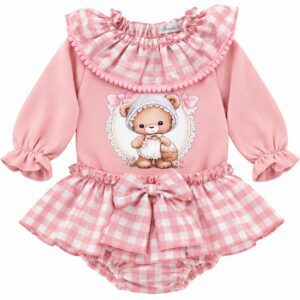 Conjunto de niña rosa y vichy con osito y gran lazo 6