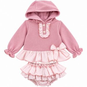 Conjunto de niña rosa con capucha y volantes de cuadros vichy 3