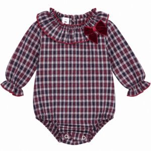 Pelele de cuadros para niña 18 meses con cuello de volante y lazo 7