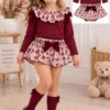Conjunto Infantil Niña Burdeos con Cuello Floral y Lazo de Terciopelo 1
