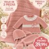 Pack Conjunto de Bebé 3 Piezas con Toquilla Rosa – Talla 0M 1