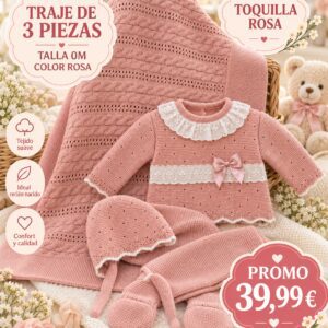 Pack Conjunto de Bebé 3 Piezas con Toquilla Rosa – Talla 0M