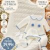 Pack Conjunto Bebé 3 Piezas + Toquilla Color blanco y detalles en azul | Talla 0M 1