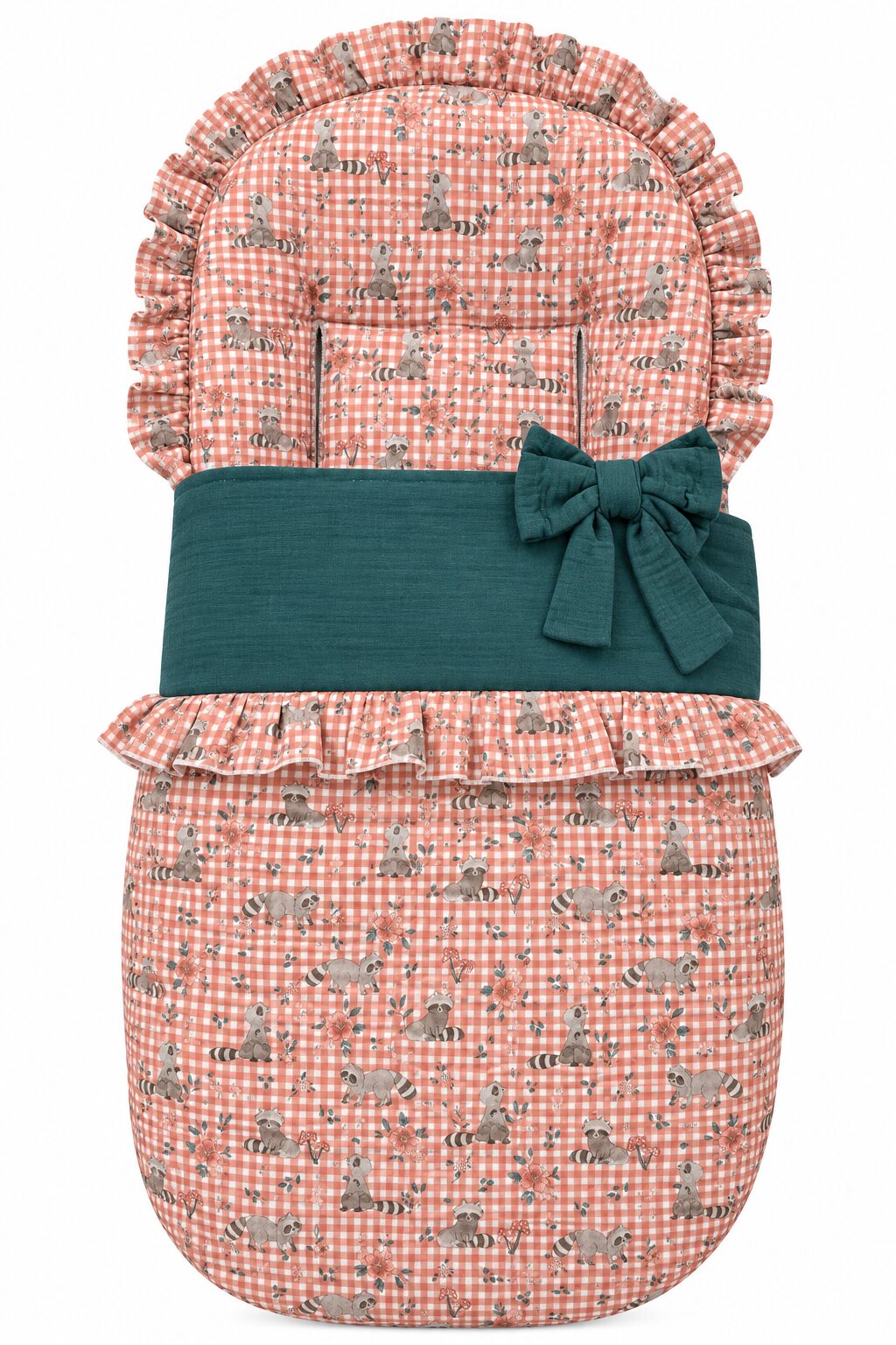 ChatGPT Image 30 sept 2026, 20_27_49 Pack saco y bolso para silla de paseo – Estampado vichy coral con animalitos y verde petróleo 5