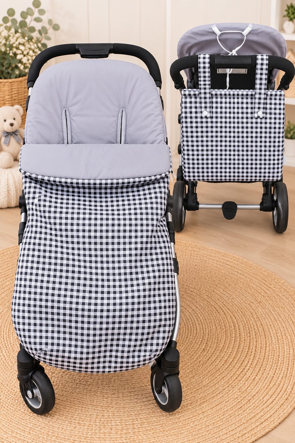 Cochecito de bebé con accesorios de cuadros gingham Conjunto Saco de Silla y Bolso de Paseo Vichy Negro y Blanco con Interior Gris 3