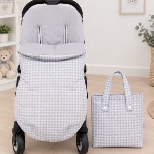 Saco de silla de paseo con bolso a juego de cuadros vichy gris