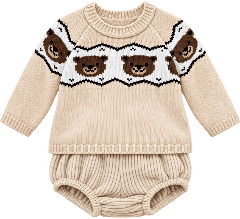 Conjunto beige de bebé con ositos nórdicos Conjunto de Punto para Bebé con Ositos y Bombacho de Canalé en Beige 5