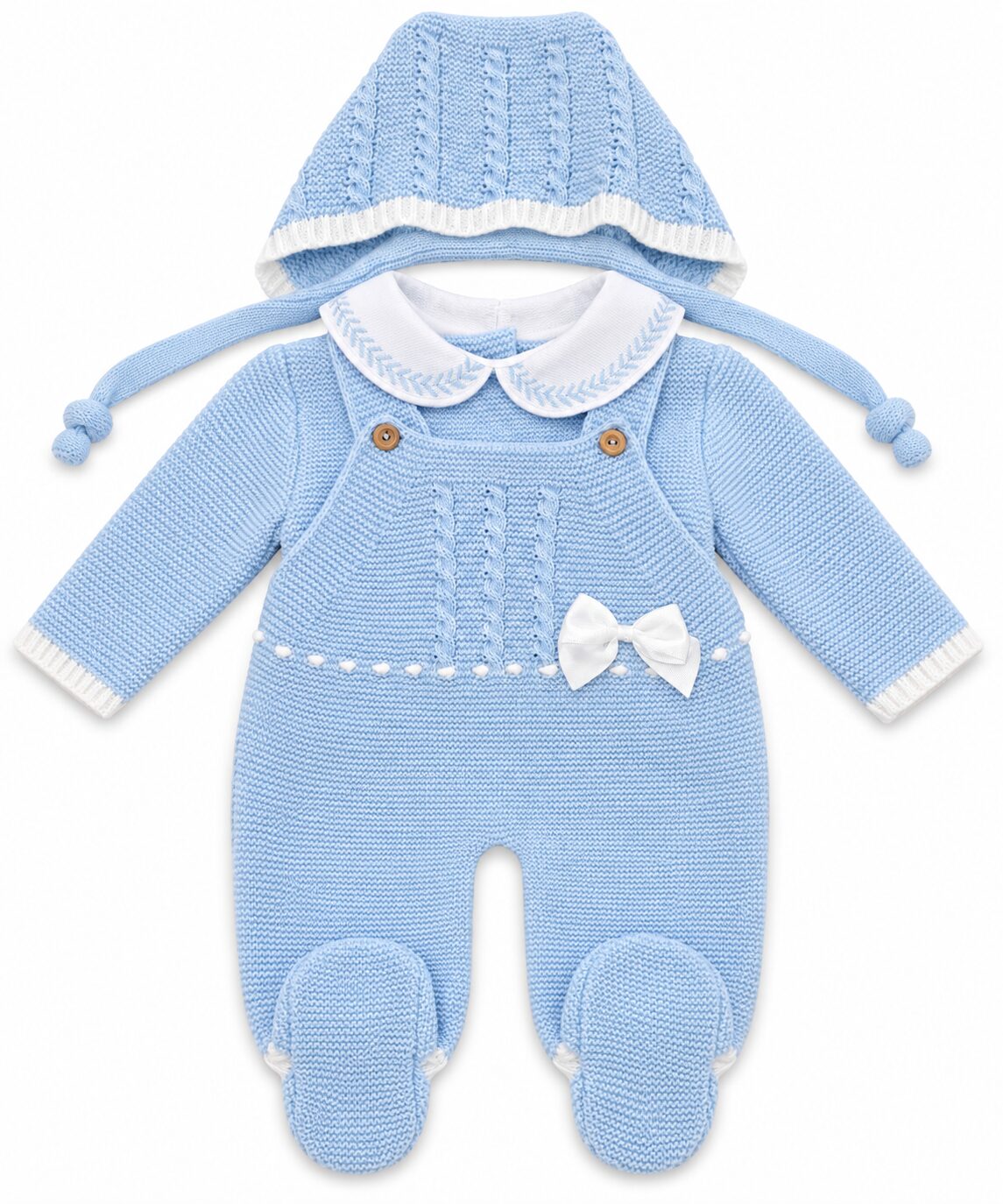 Conjunto de bebé azul cielo con gorrito Pelele de Punto para Bebé Azul Celeste con Capota y Lazo Blanco 4