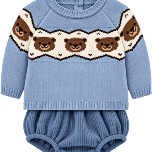 Conjunto de Bebé Azul con Jersey de Punto de Ositos y Bombacho de Canalé 4 Conjunto de Bebé Azul con Jersey de Punto de Ositos y Bombacho de Canalé 7