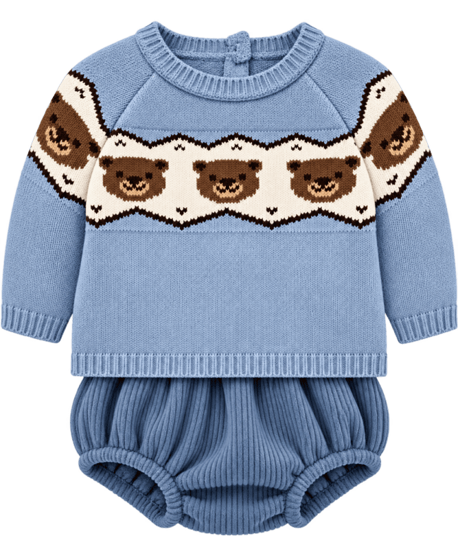 Conjunto de bebé azul con ositos tejido Conjunto de Bebé Azul con Jersey de Punto de Ositos y Bombacho de Canalé 5