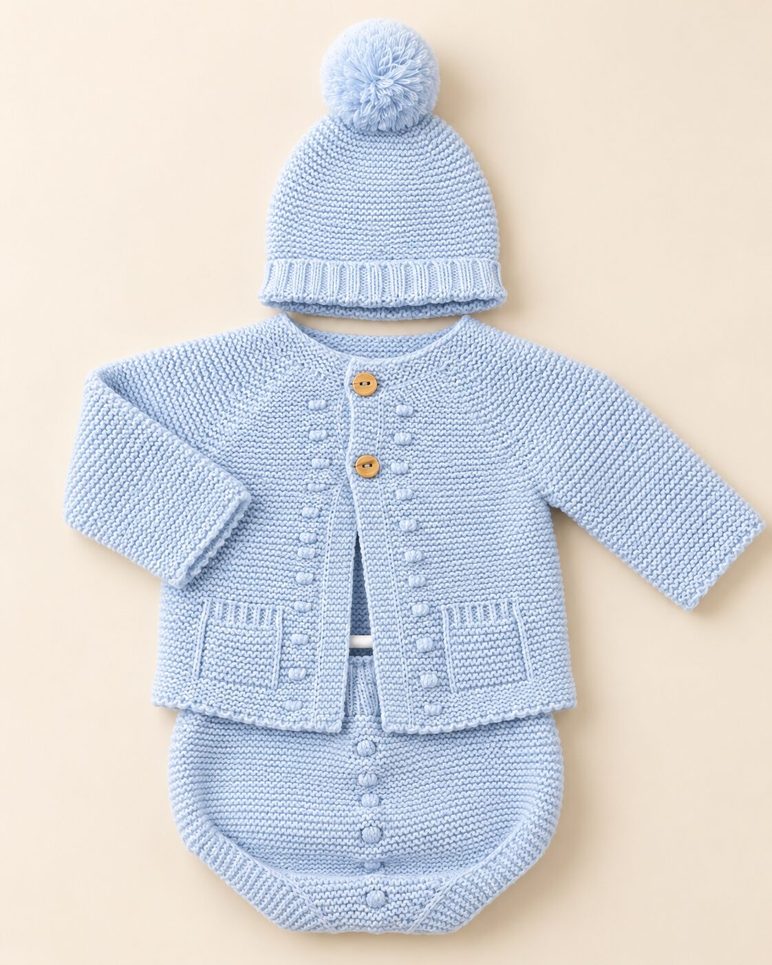 Conjunto de bebé azul pastel Conjunto de Punto para Bebé Celeste con Chaqueta, Ranita y Gorro con Pompón 5