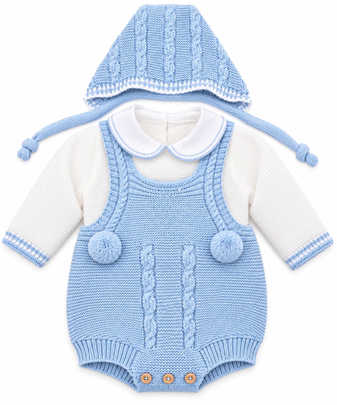 Conjunto de bebé azul y blanco en punto Conjunto de Punto para Bebé Azul Celeste con Peto, Jersey y Capota 5