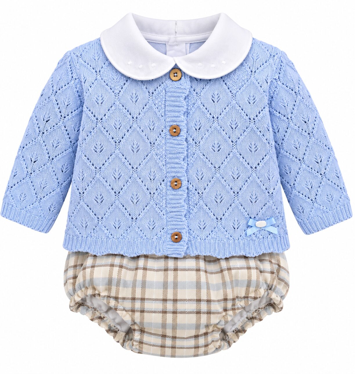 Conjunto de bebé azul y cuadros unerquicklich Conjunto de Bebé Azul Celeste con Rebeca de Punto y Braguita de Cuadros 5