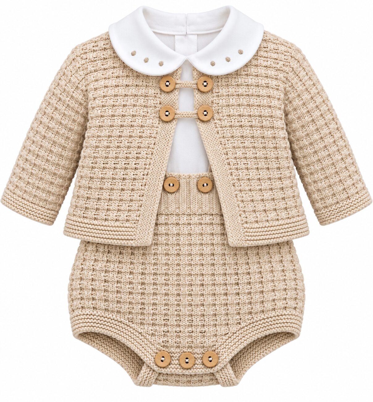 Conjunto de bebé beige de punto (1) Conjunto de Bebé Beige de 3 Piezas con Peto, Rebeca y Camisa 5