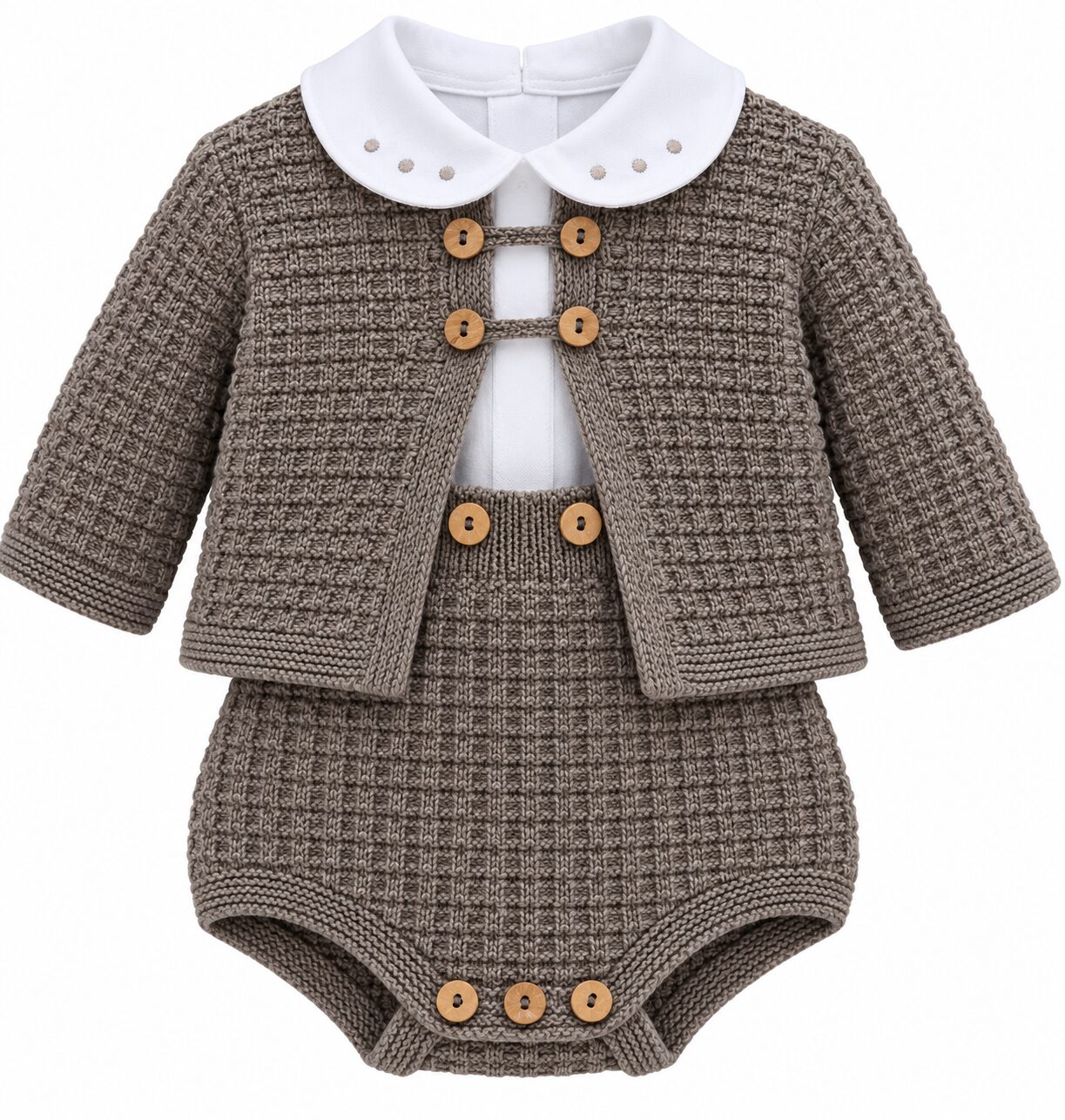 Conjunto de bebé de punto taupe y madera Conjunto de Bebé Marrón Topo de 3 Piezas con Peto, Rebeca y Camisa 5
