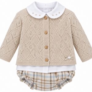Conjunto de Bebé Beige con Rebeca de Punto Calado y Braguita de Cuadros 3 Conjunto de Bebé Beige con Rebeca de Punto Calado y Braguita de Cuadros 6